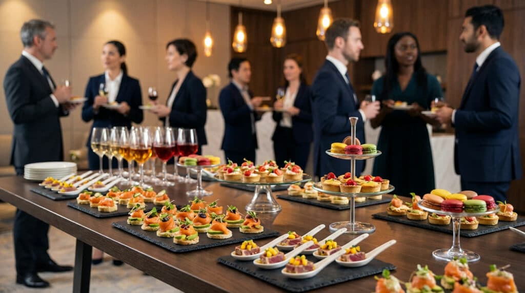 Elegant business event with a vibrant gourmet food display. Guests network in the warm, ambient background.