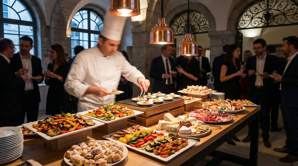 Chef plating colorful dishes at a gourmet buffet in an elegant Lyon event. Guests enjoy the food in warm ambient light.