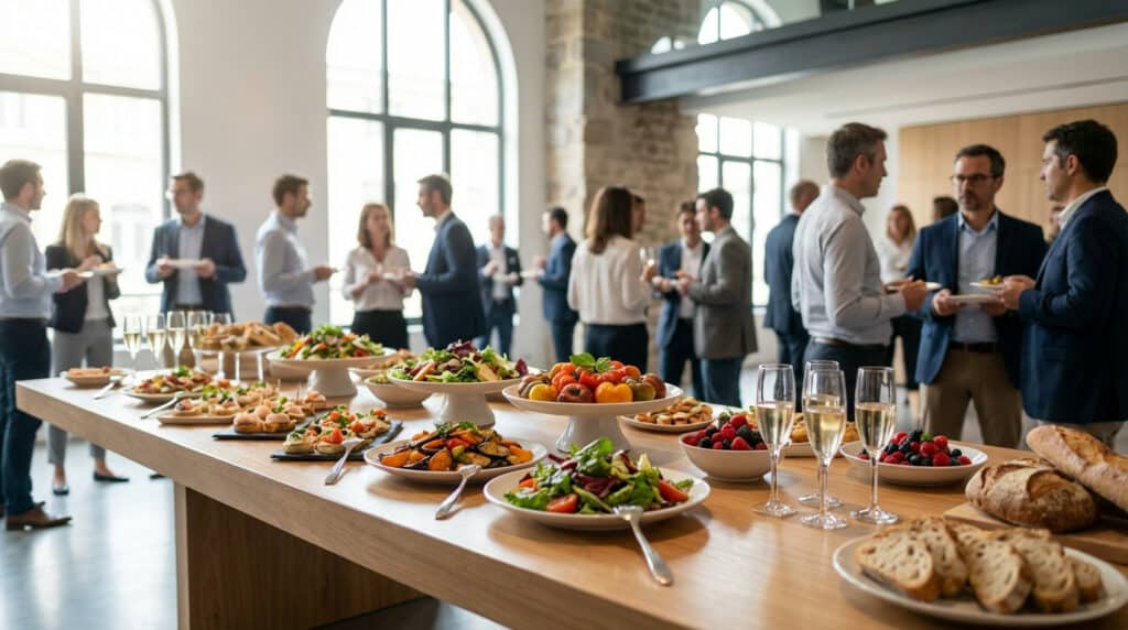 Elegant corporate buffet with vibrant, fresh dishes, gourmet finger foods, and drinks. Guests in business casual mingle in a modern, well-lit event space.