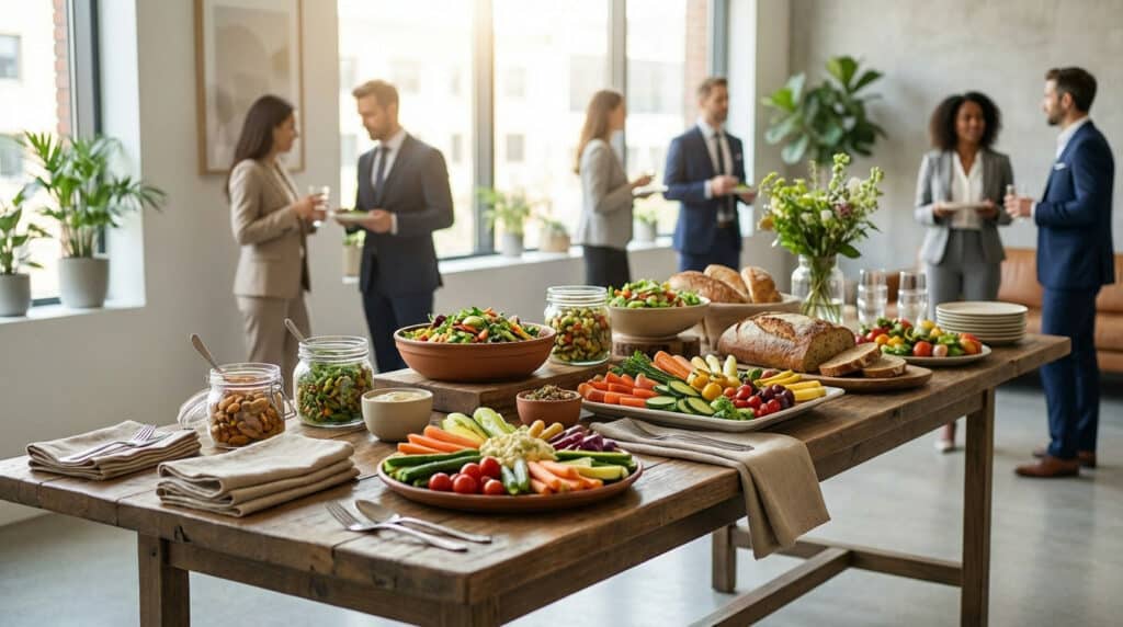 Vibrant, eco-friendly corporate buffet with fresh vegetables, artisanal bread, and salads in reusable dishes, with professionals mingling.