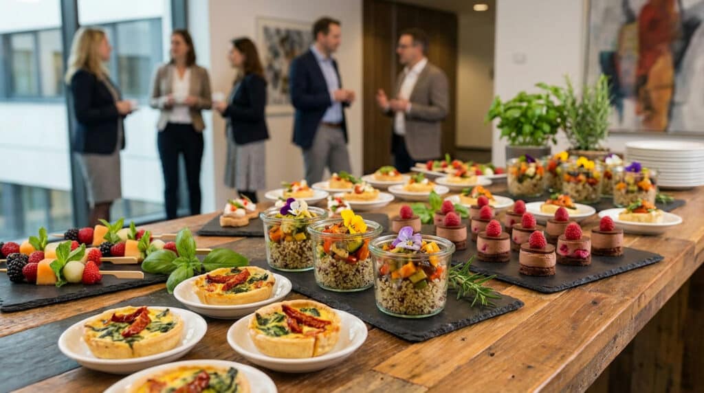 An elegant corporate catering display with gourmet mini-quiches, fruit skewers, quinoa salads, and desserts. Professionals converse in the background.