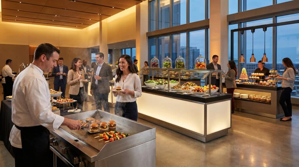 Chef cuisinant sur un grill devant un buffet moderne garni de plats variés et de desserts, avec des convives lors d'une réception élégante.