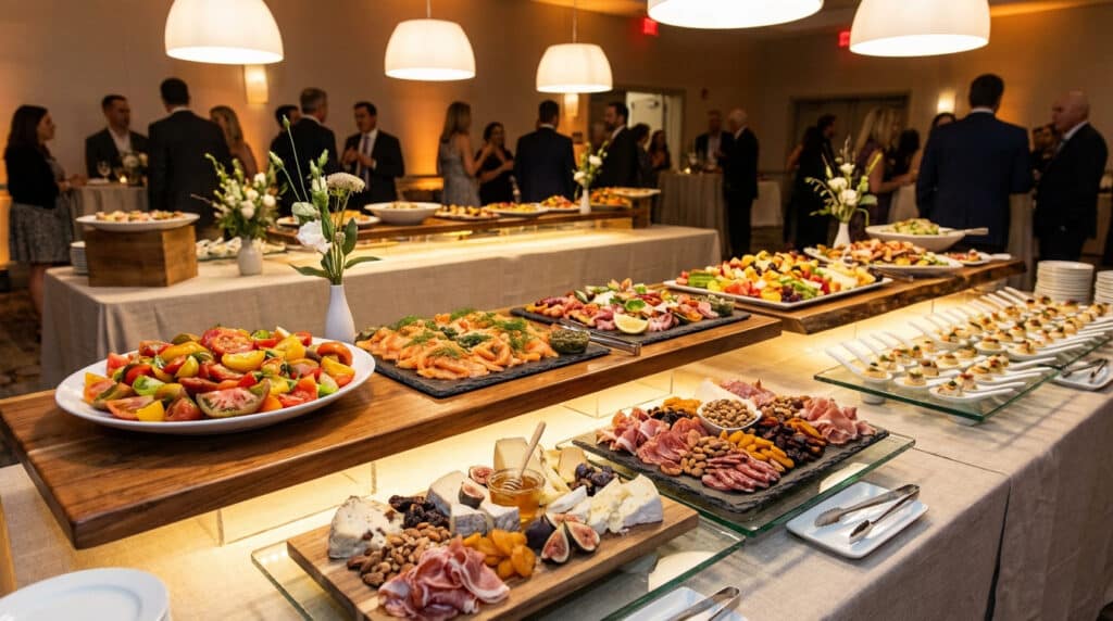 Grand buffet traiteur illuminé, offrant saumon, fromages, charcuteries et fruits, avec des invités en arrière-plan.