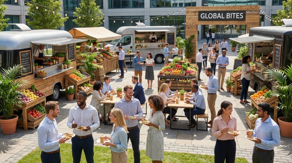 Événement street food d'entreprise en plein air avec food trucks, étals de produits frais, et le panneau "GLOBAL BITES".