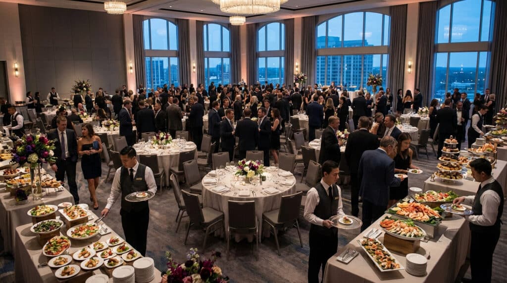 Grande réception d'entreprise avec de nombreux invités en tenue de soirée, buffets variés, et personnel de service attentif.