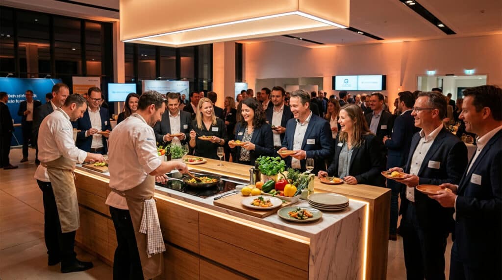Deux chefs animent un showcooking en direct devant des professionnels souriants, dégustant des plats dans une ambiance conviviale.