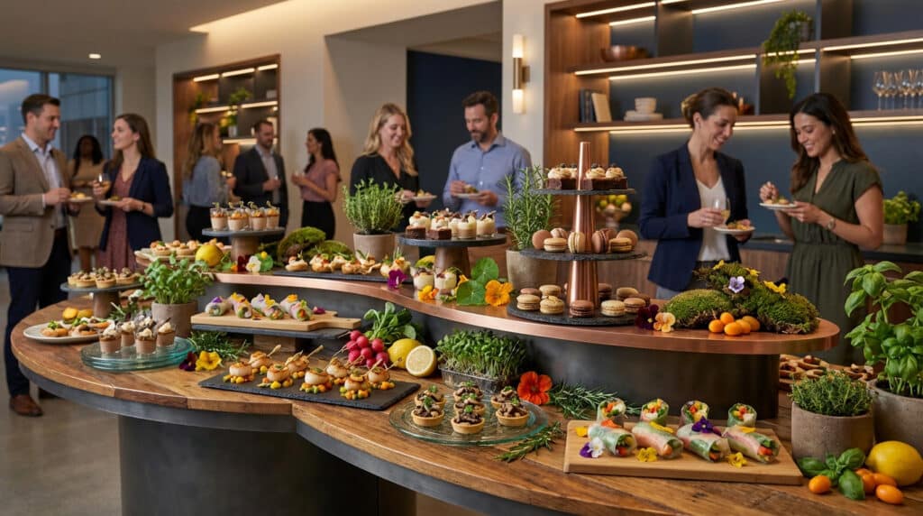 Buffet événementiel avec scénographie culinaire élégante: canapés, desserts, herbes fraîches et fleurs comestibles. Invités souriants.