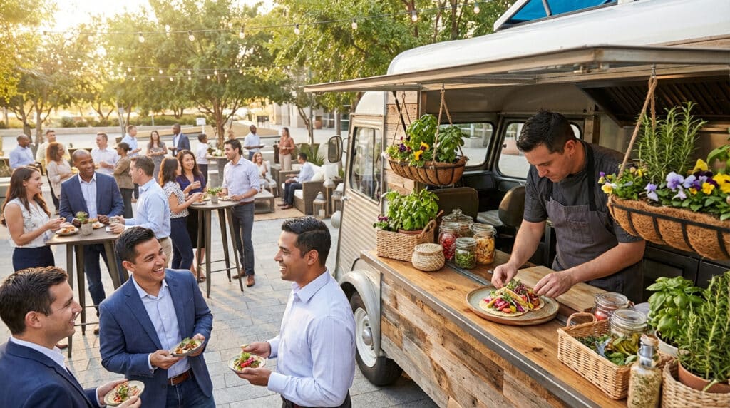 Un chef prépare des tacos gourmands à un food truck stylé lors d'un événement extérieur où des invités sourient et discutent.