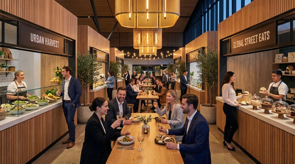 Un food court moderne avec des stands "Urban Harvest" et "Global Street Eats", des personnes qui mangent et commandent.
