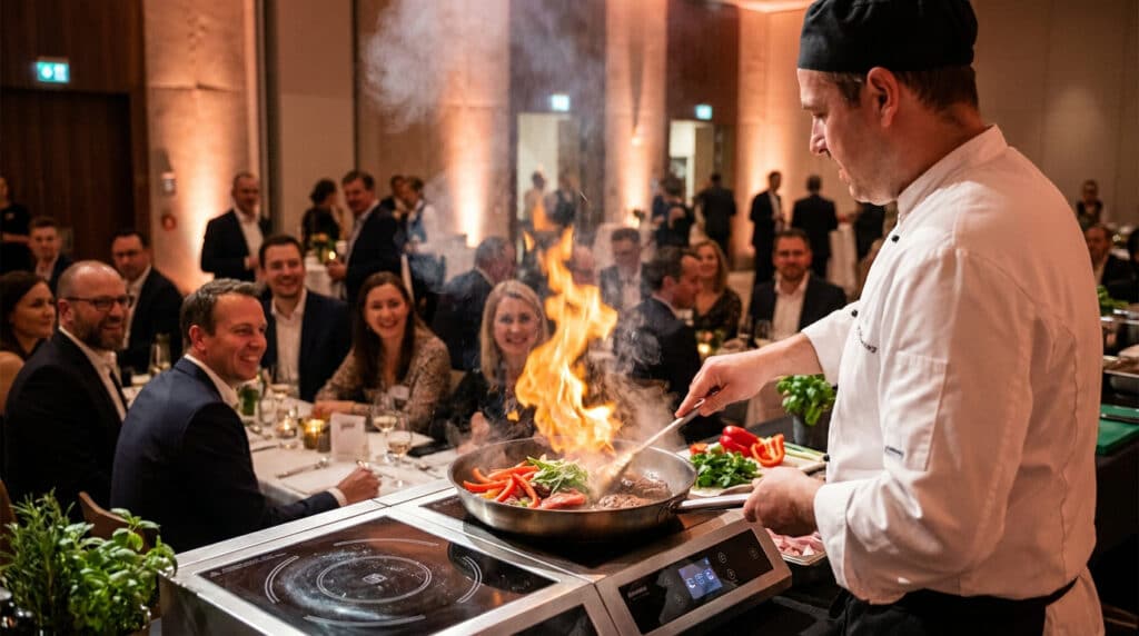 Chef cuisinant avec des flammes devant des invités lors d'un événement d'entreprise.