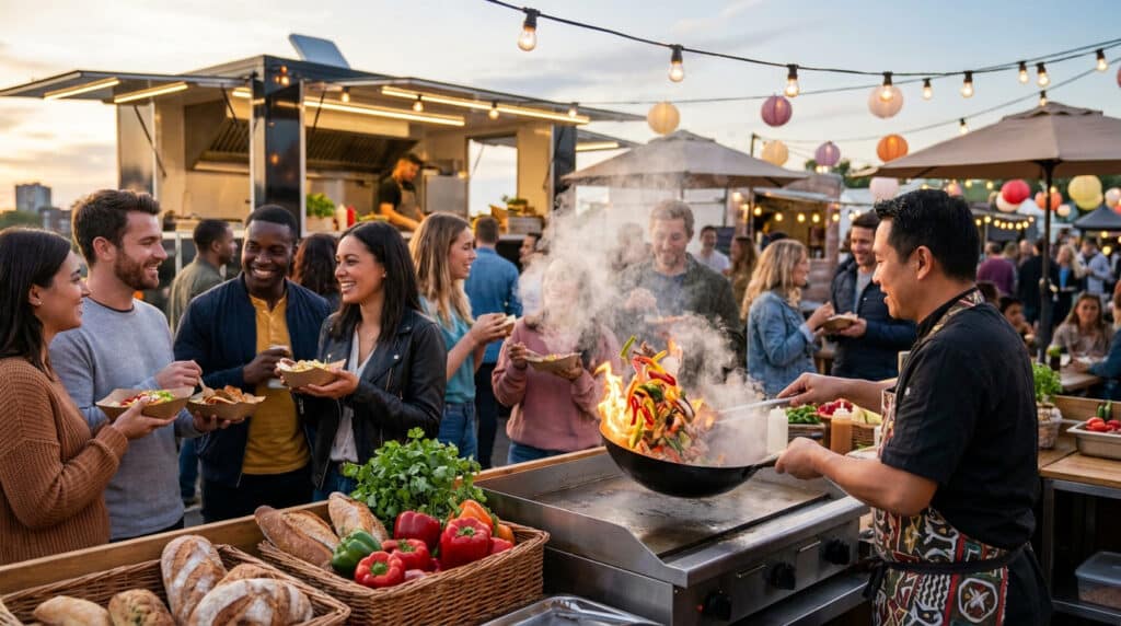 Un chef cuisine des légumes au wok dans un festival street food animé, devant des clients souriants avec des plats.