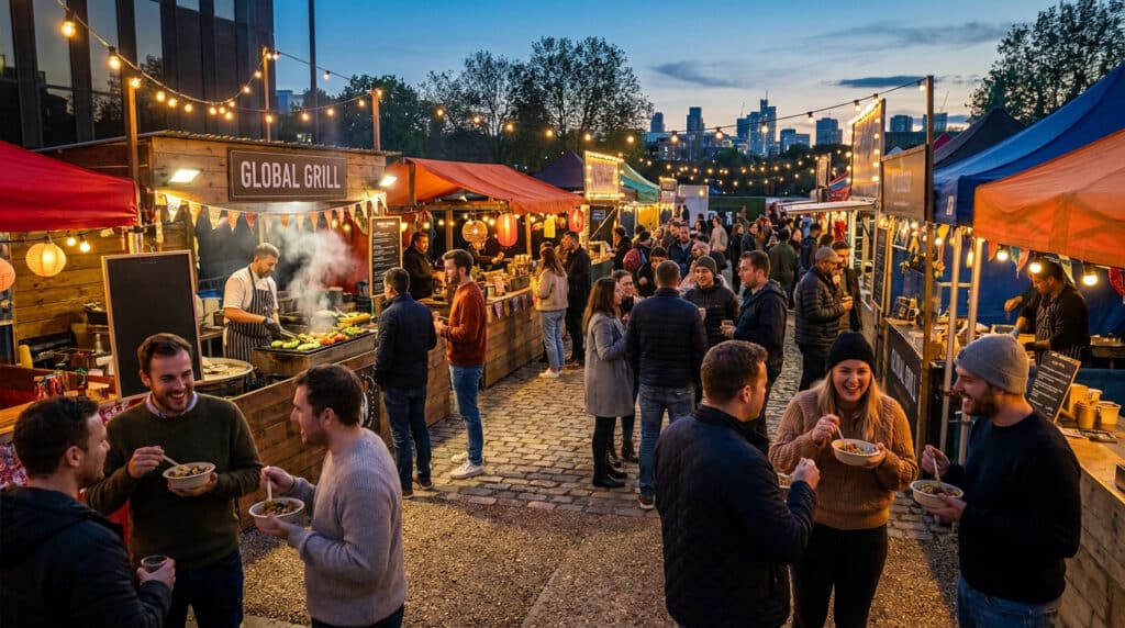Foule joyeuse dégustant des plats dans un food court extérieur illuminé par des guirlandes, avec stands en bois et skyline.