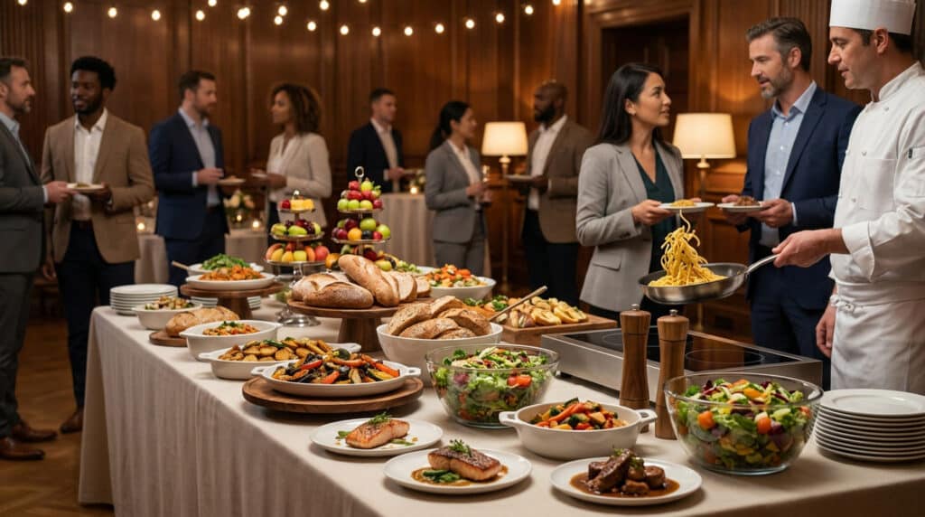 Un chef prépare des plats devant un buffet raffiné lors d'une réception professionnelle à Lyon.