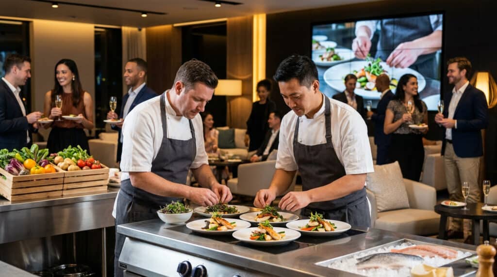 Deux chefs cuisiniers préparent des assiettes gastronomiques lors d'un événement haut de gamme avec des convives en arrière-plan.