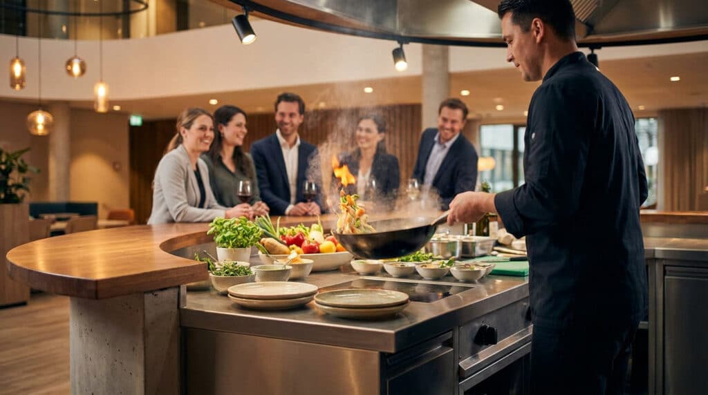 Un chef cuisinier prépare un plat au wok avec des flammes devant un groupe de collègues dans un cadre élégant.