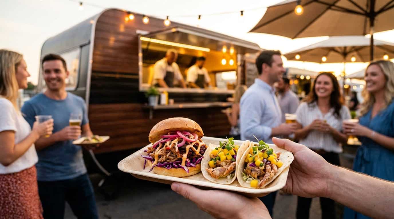 Gros plan sur un plateau de street food gastronomique avec des tacos et un burger devant un food truck lors d'une fête.
