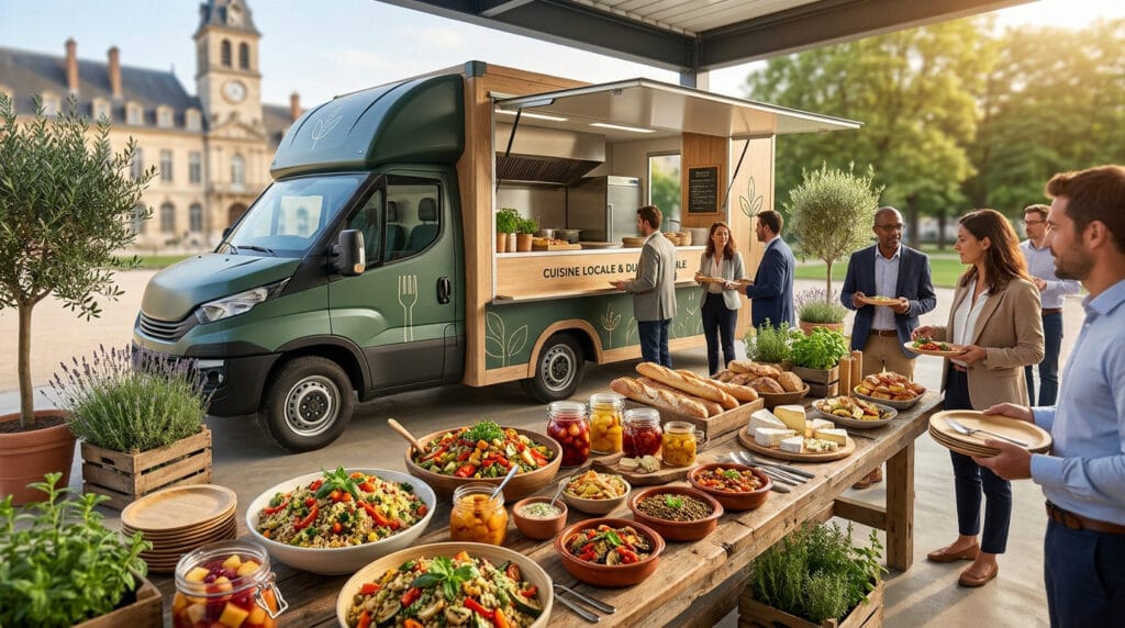 Food truck moderne servant un buffet de produits frais et locaux devant un bâtiment historique à Dijon.