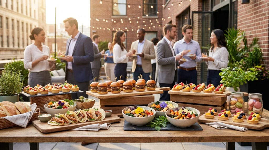 Buffet de street food raffiné pour événement en entreprise avec des professionnels discutant en arrière-plan.
