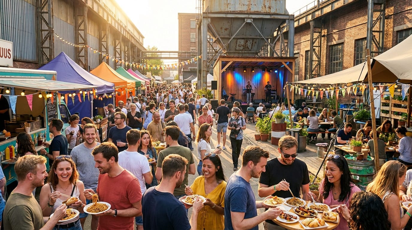 Une foule joyeuse déguste de la cuisine de rue lors du Lyon Street Food Festival dans un cadre industriel.