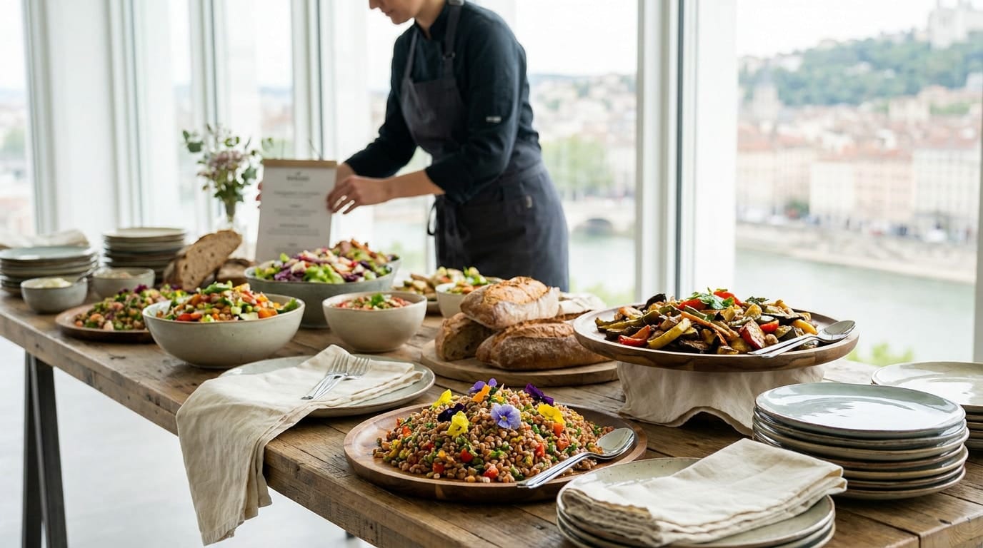 Un traiteur prépare un buffet gourmand et végétal avec vue sur Lyon.